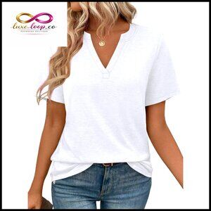 V-Neck Short Sleeve Blouse Loose Fit Business Casual Summer Top